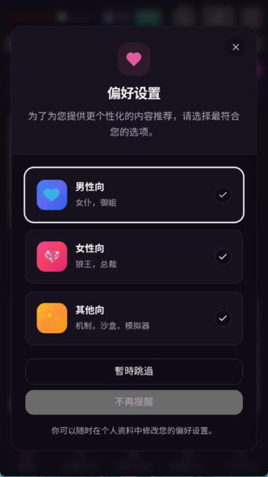Vsoul AI 偏好设置界面截图 男性向 女性向 其他向